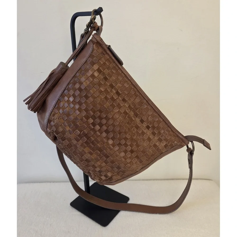 Frye New Oriana Cognac Brown Woven Leather Hobo Shoulder Bag Long Tassel